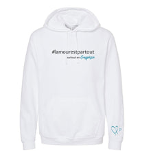 Charger l'image dans la galerie, Hodie blanc Impressions Gaspésie avec inscription lamourestpartout et logo cœur bleu sur la manche