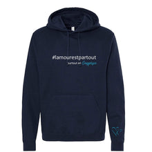 Charger l'image dans la galerie, Chandail ouaté à capuche Impressions Gaspésie bleu marine avec inscription blanche et turquoise et logo cœur sur la manche
