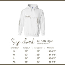 Charger l'image dans la galerie, Tableau des tailles Impressions Gaspésie pour le hoodie unisexe Gildan 18500 avec mesures en pouces

