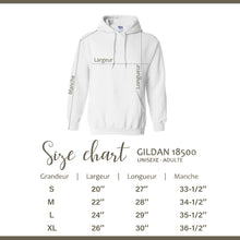 Charger l'image dans la galerie, Guide des tailles pour le hoodie unisexe Impressions Gaspésie avec schéma des mesures en pouces
