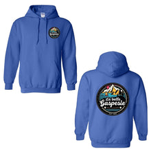 Charger l'image dans la galerie, Hoodie unisexe bleu Impressions Gaspésie avec logo circulaire illustrant la mer et les montagnes à l'avant et au dos
