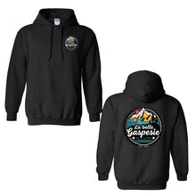 Charger l'image dans la galerie, Hoodie unisexe noir Impressions Gaspésie avec logo coloré représentant la mer et les montagnes à l'avant et au dos
