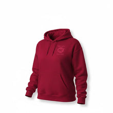 Charger l'image dans la galerie, Hoodie rouge cerise Impressions Gaspésie avec logo ton sur ton, poche kangourou et capuchon, style unisexe confortable
