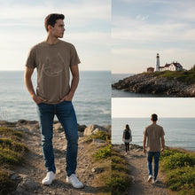 Charger l'image dans la galerie, Homme portant un t-shirt Impressions Gaspésie beige en coton épais avec motif côtier devant un phare en bord de mer
