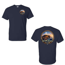 Charger l'image dans la galerie, T-shirt unisexe bleu marine Impressions Gaspésie avec logo La belle Gaspésie sur la poitrine et grand motif au dos
